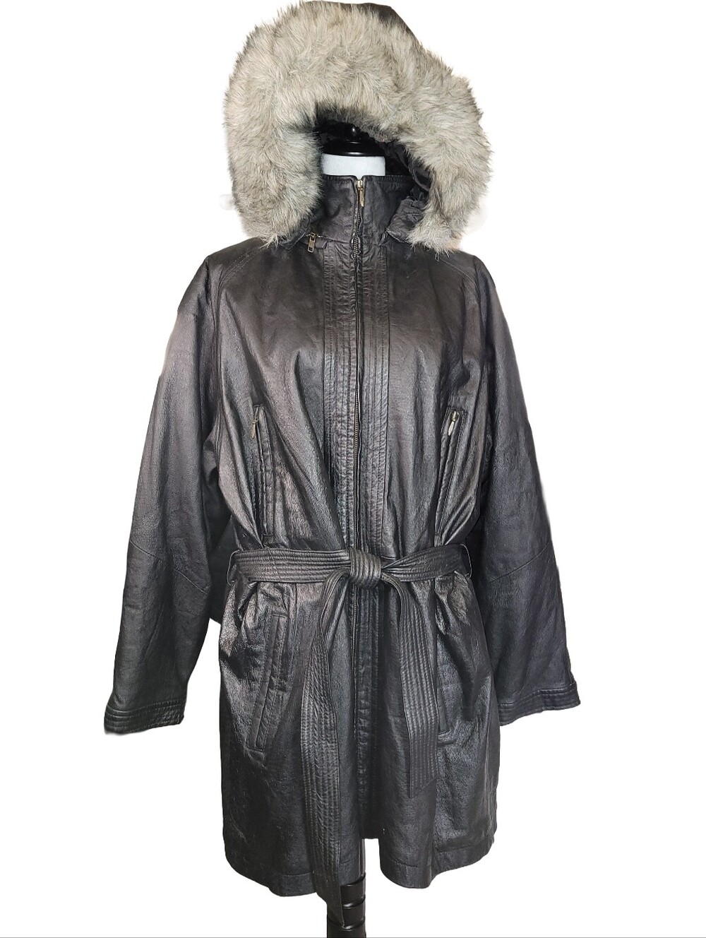 Wilson's Leather Vtg Black Leather Parka With Zip-off Faux Fur Trimmed Hood XL